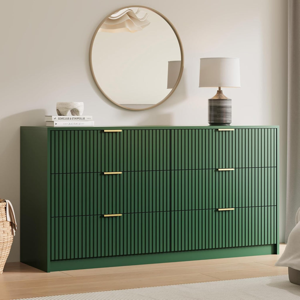 MAISONARIA 3-Piece Dresser Bedroom Set, 6 Drawer Dresser & 3 Drawer Nightstands with Gold Handles, Fluted Wood Chest of Drawers for Bedroom, Living Room, Entryway, Green