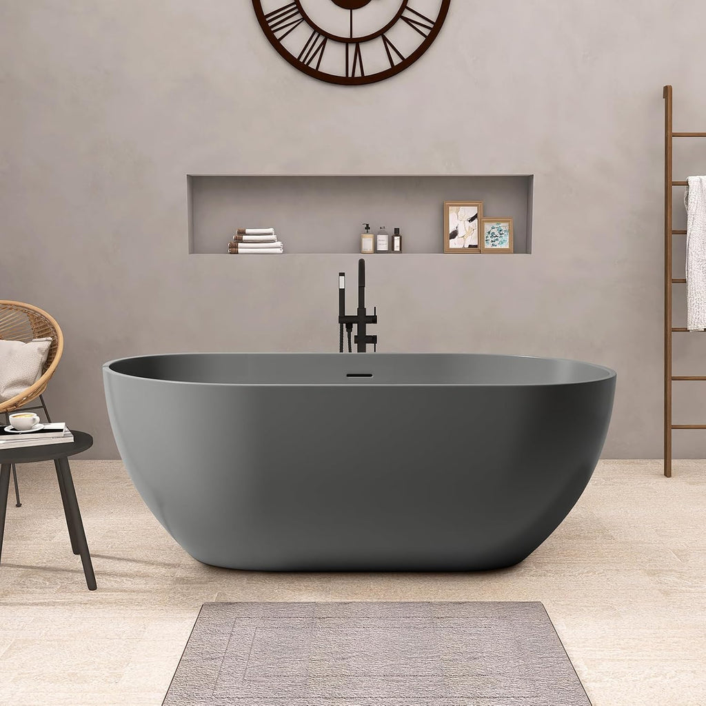 59'' Dark Grey Freestanding Tubs Bathtub Solid Surface Resin Stone Bathtubs soaker Tubs Oval Shaped Matte Luxury Modern Soaking Tub with Overflow and Pop-up Drain