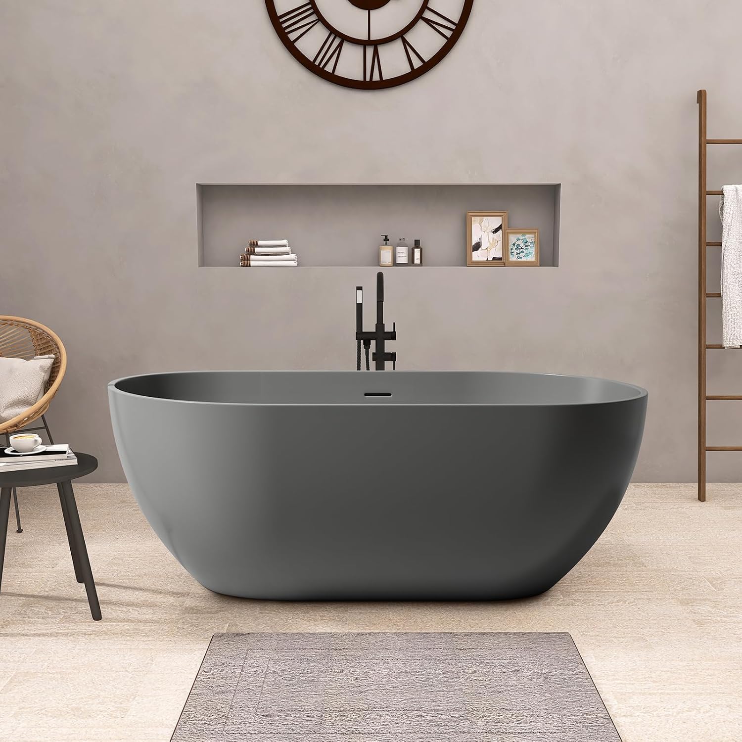 59'' Dark Grey Freestanding Tubs Bathtub Solid Surface Resin Stone Bathtubs soaker Tubs Oval Shaped Matte Luxury Modern Soaking Tub with Overflow and Pop-up Drain