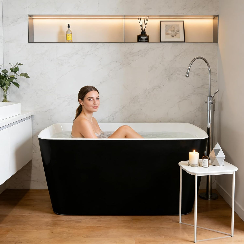 49 Inch Acrylic Freestanding Bathtub, Japanese Square Soaking Tub with Built-in Seat, Toe-Tap Drain, Slotted Overflow, cUPC Certified Black Standalone Tub for Modern Bathroom Upgrade