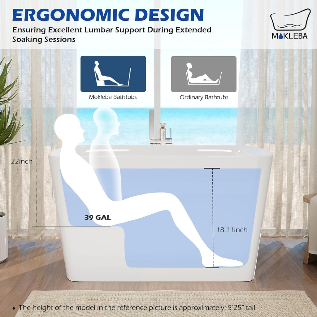 47' Lucite Acrylic Freestanding Bathtub，Square Shape Japanese Soaking Tub with Seat Desgin,Toe-tap Chrome Right Drain, Slotted Overflow, cUPC Certified,Glossy White