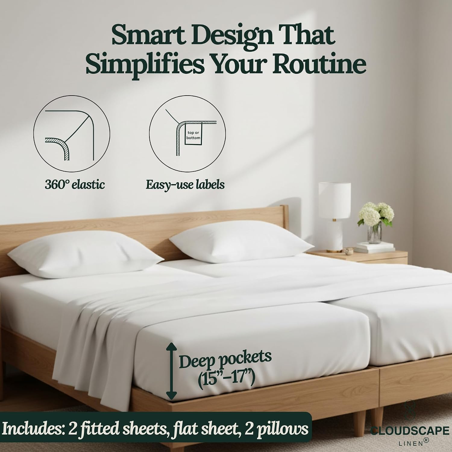 CLOUDSCAPE LINEN Split King Sheets Set Egyptian Cotton Bedding 5-Piece - Cooling Sateen Weave Cotton Sheet Set for Bed - Durable Long Staple Dual-Ply - Fits 17' Deep Mattress - White