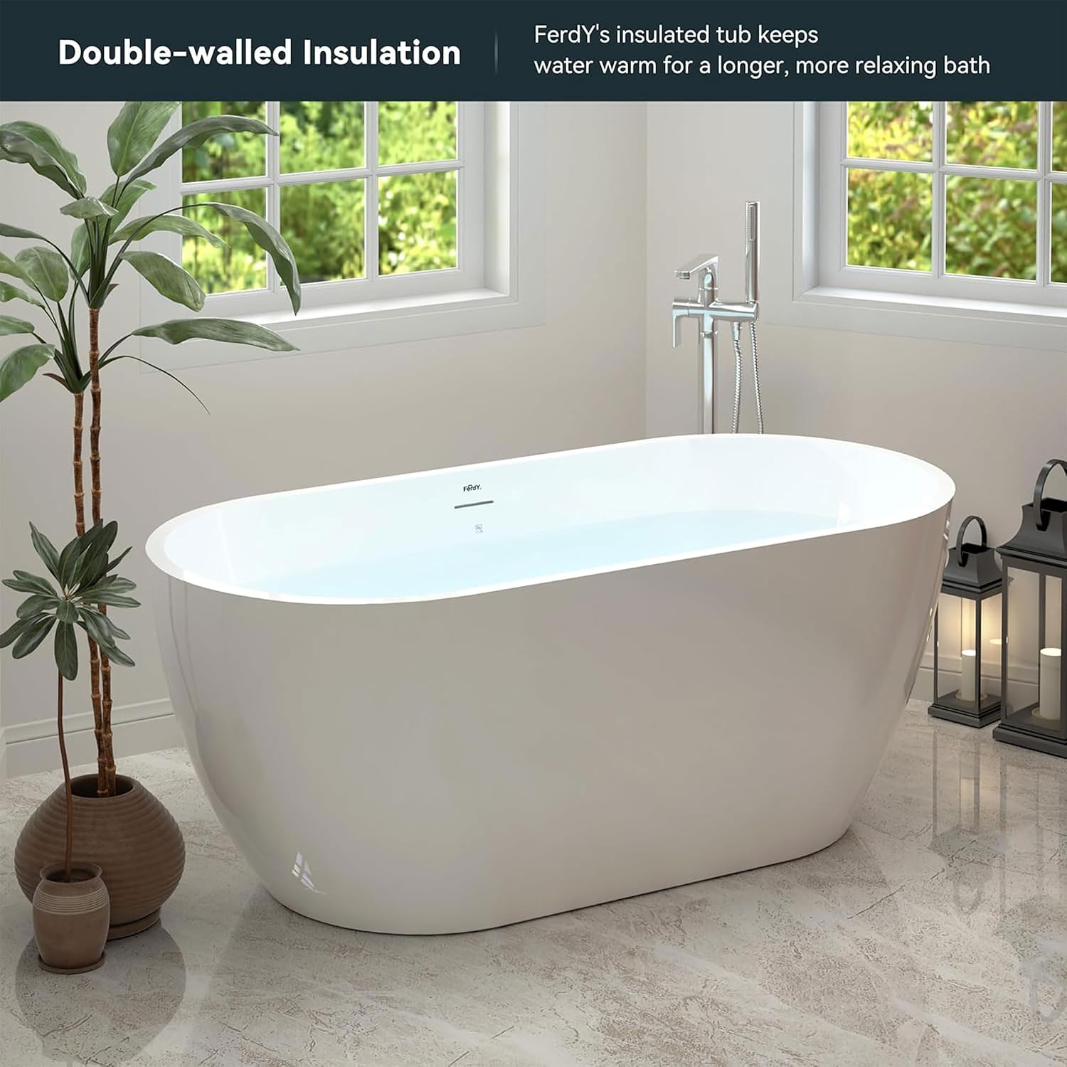 FerdY Bali 59' Acrylic Freestanding Bathtub, Gracefully Shaped Freestanding Soaking Bathtub with Brushed Nickel Drain & Minimalist Linear Design Overflow, Glossy White, cUPC Certified