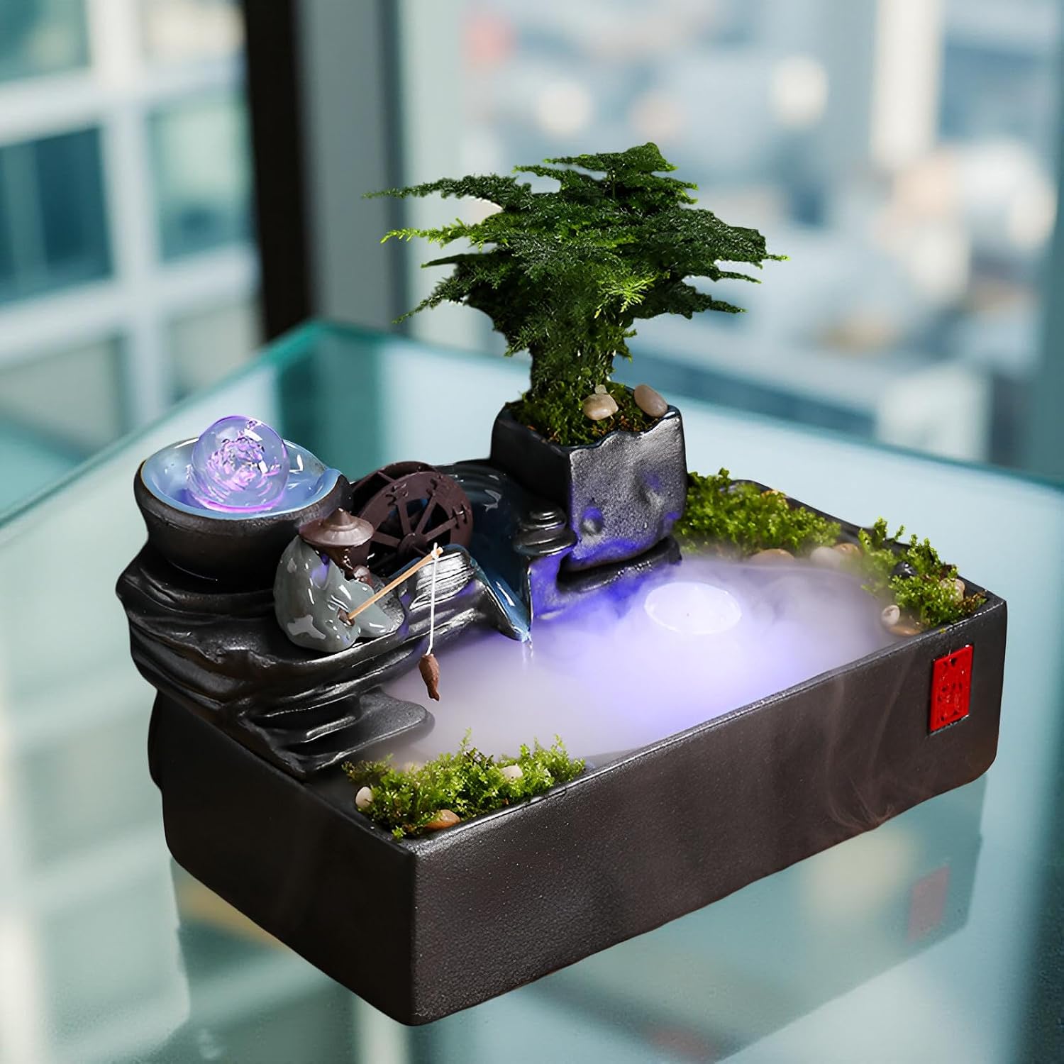 Zen Tabletop Fountain with LED Lights & Mist Maker - Indoor Waterfall Decor with Crystal Stones for Home, Office, Meditation Room - Relaxing Desktop Humidifier Gift (C Style)(C Style)