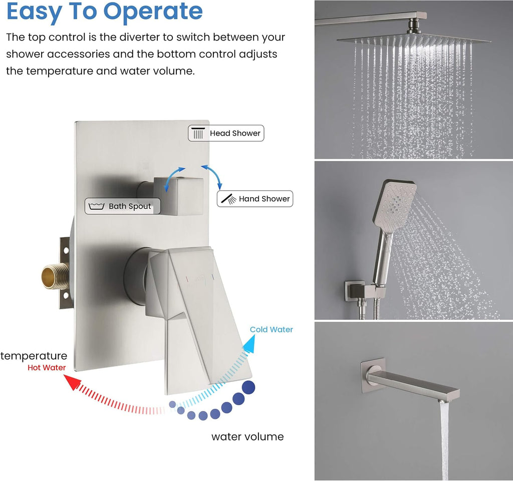 KIBI Shower System with Valve, 3-Function Wall Mounted Shower Faucet Set – Solid Brass Pressure Balanced Shower System with Handheld Shower, 15 Inch Shower Arm, Brushed Nickel (KSF406)