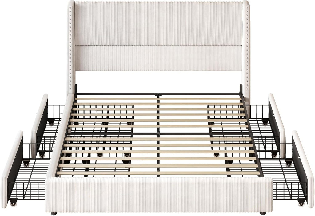 LARMACE Queen Bed Frame with 4 Storage Drawers,Upholstered Bed Frame Queen Size with Headboard Corduroy Platform Bed Frame with Vertical Stripe,Solid Wood Leg/No Box Spring Needed/Noise Free,White