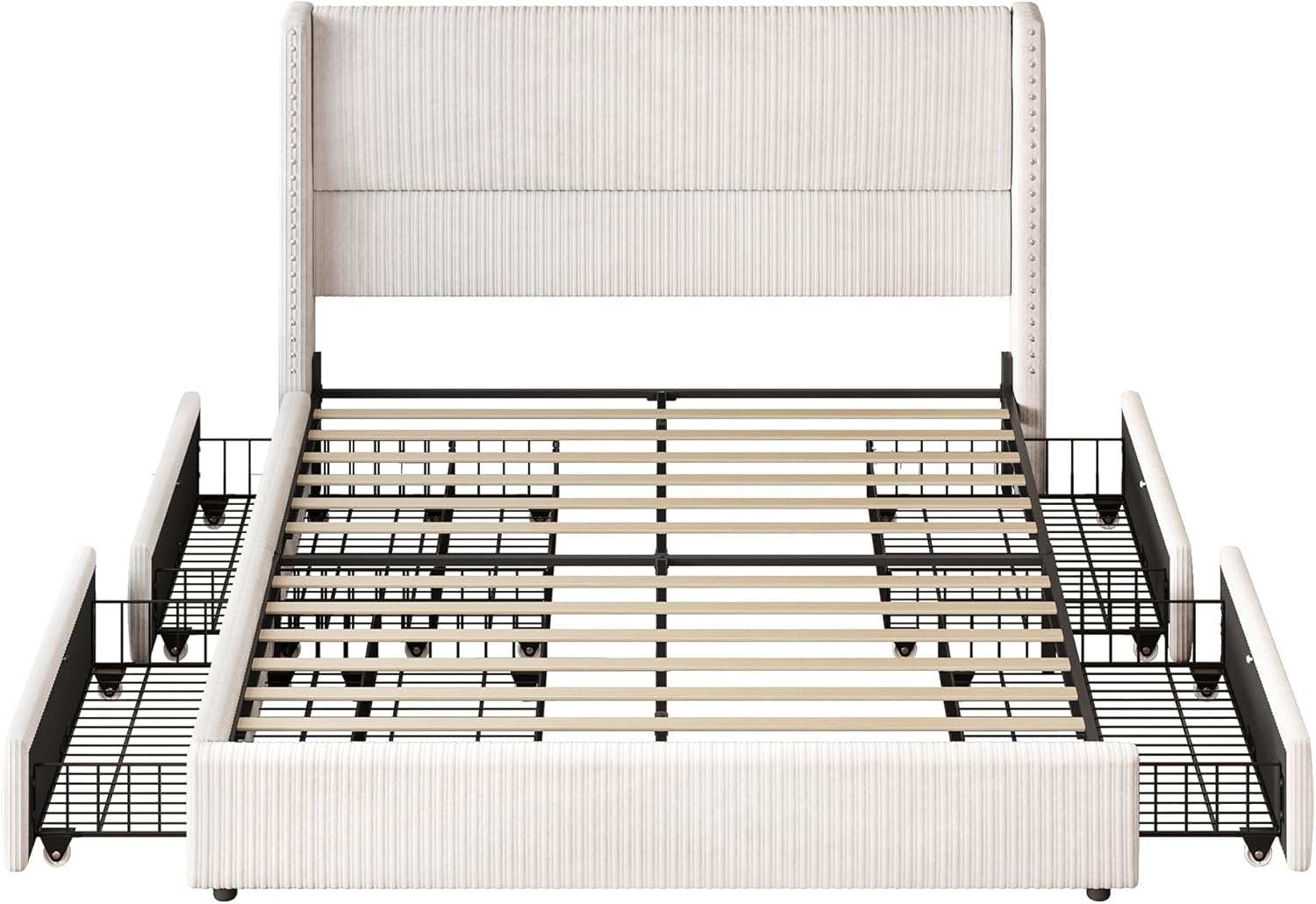 LARMACE Queen Bed Frame with 4 Storage Drawers,Upholstered Bed Frame Queen Size with Headboard Corduroy Platform Bed Frame with Vertical Stripe,Solid Wood Leg/No Box Spring Needed/Noise Free,White