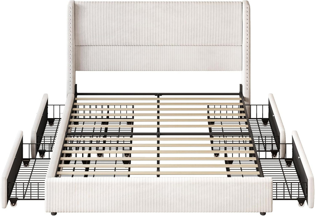 LARMACE King Size Bed Frame with 4 Storage Drawers Modern White Corduroy Upholstered Platform Bed Frame with Headboard Tufted Vertical Stripe &Wooden Slats Support, No Box Spring Need,Easy Assembly