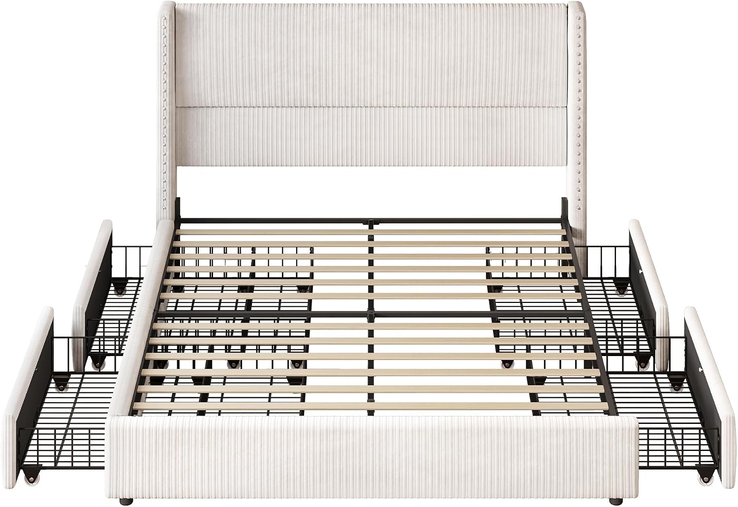 LARMACE King Size Bed Frame with 4 Storage Drawers Modern White Corduroy Upholstered Platform Bed Frame with Headboard Tufted Vertical Stripe &Wooden Slats Support, No Box Spring Need,Easy Assembly