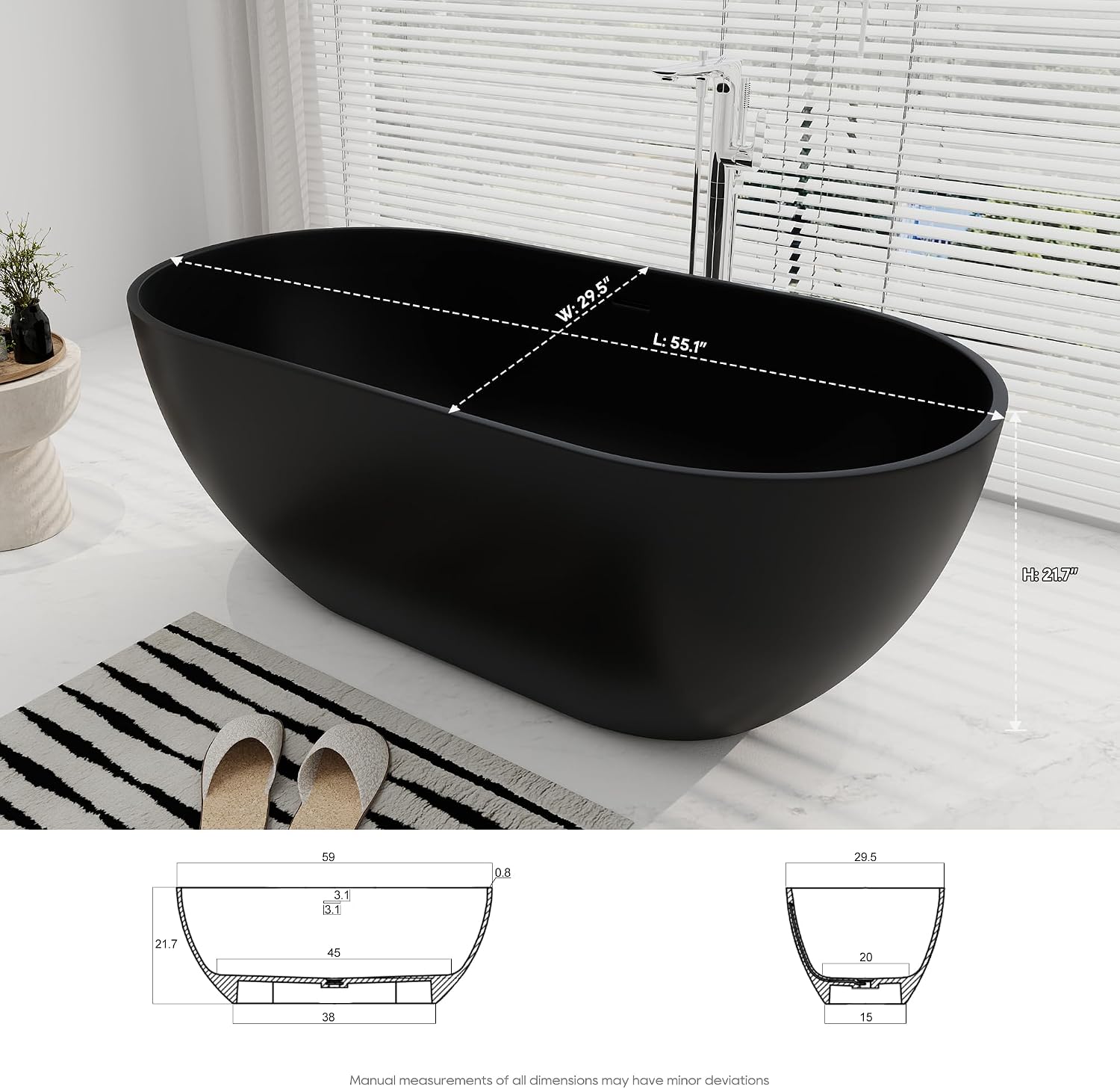 SJ STAR&JANE 59' Solid Surface Freestanding Bathtub Oval Stone Resin Soaking Tub Modern Stand Alone Tub with Overflow & Pop-up Drain, Matte Black for Bathrooms