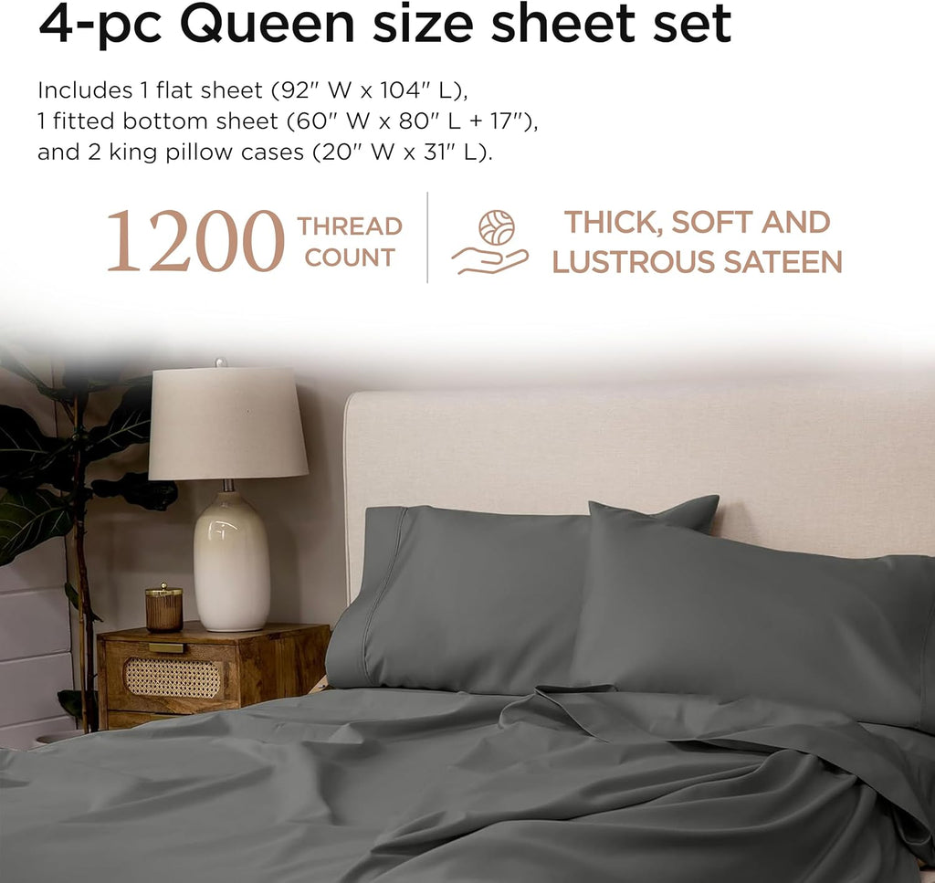 Threadmill Luxury 100% Supima Cotton Sheets, Luxury 1200 Thread Count Cotton Sheets for Queen Size Bed, 4 Pc Dark Grey Bed Sheets Queen Set, 5-Star Hotel Quality Elasticized Deep Pocket Bed Sheets Set