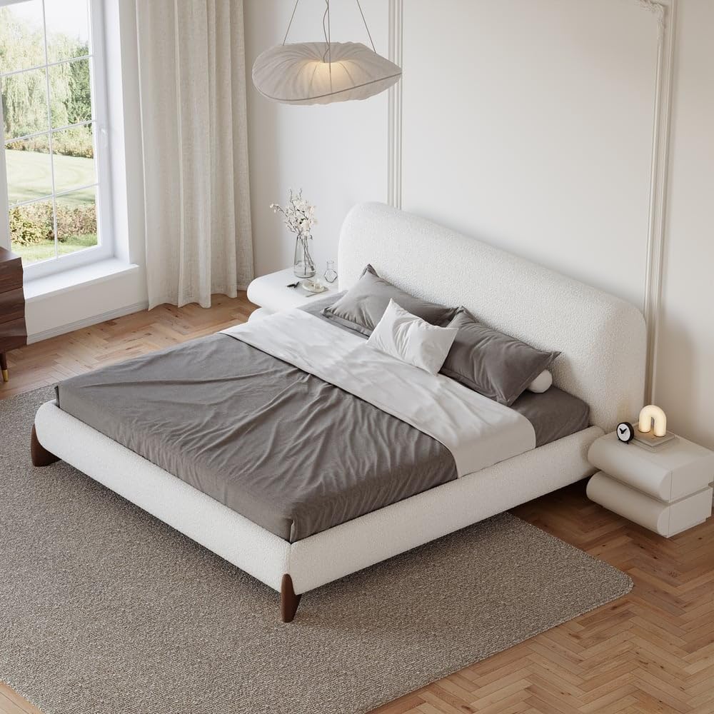 homary Queen Size Upholstered Bed with 2 Two-Drawer Nightstands – Modern Bedroom Set with Wireless Charging, USB Ports, Faux Leather & Bouclé Upholstered Bed Frame with Headboard