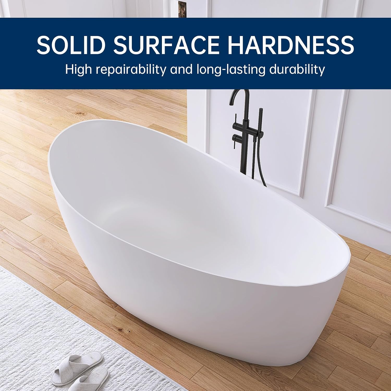 65' Free Standing Tub Bathtub Resin Stone, Solid Surface Freestanding Bathtub, Contemporary Soaking Tub Bathtubs with Overflow and Pop up Drain, Matte White