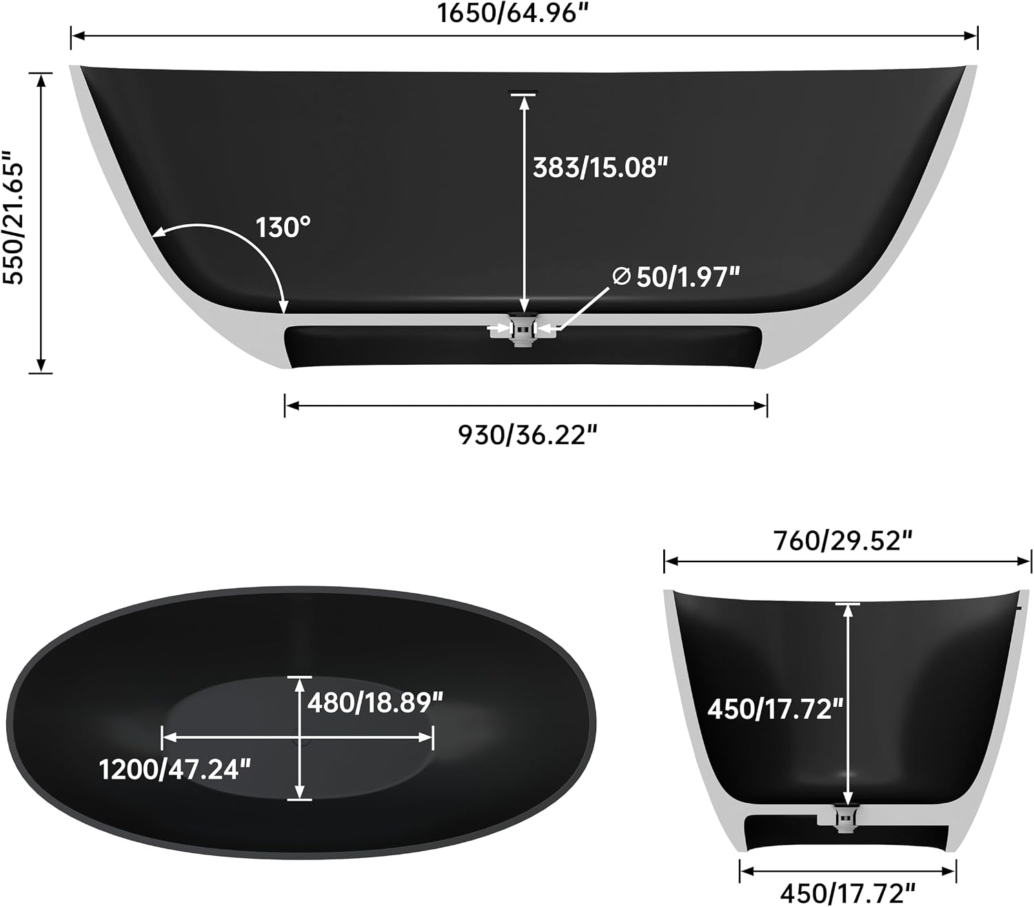 65' Stone Resin Freestanding Bathtub, Oval Solid Surface Bathroom Freestanding Tubs,Stand Alone Soaking Tub with Drain & Integrated Slotted Overflow Matte black