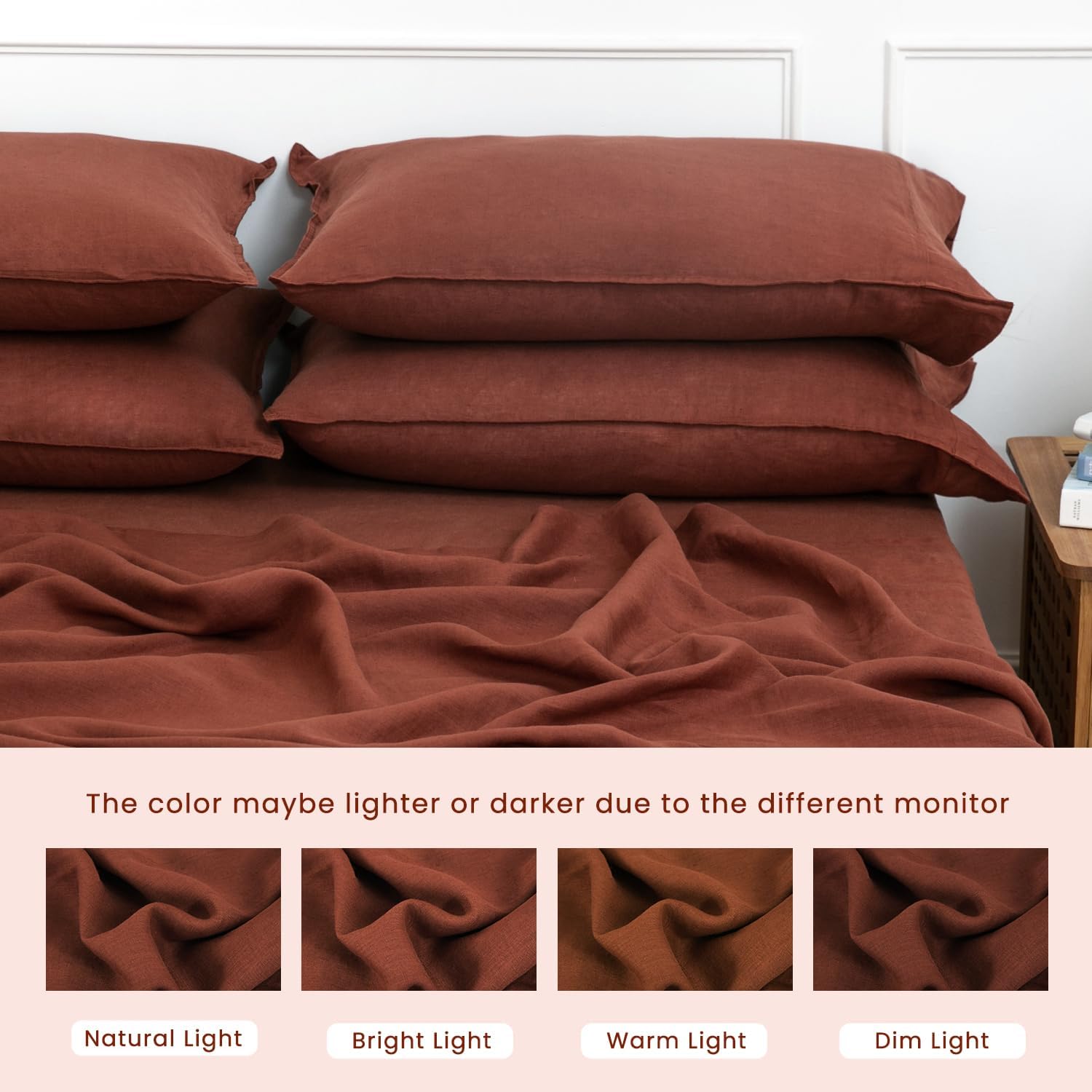 S VICTORY SYMBOL 100% Organic Linen Sheets Set Queen Size 4 Pieces(1 Flat Sheet & 1 Fitted Sheet & 2 Pillowcase) Natural Flax Bedding,GOTS Certified,16inch Deep Pocket Sheet,Burgundy