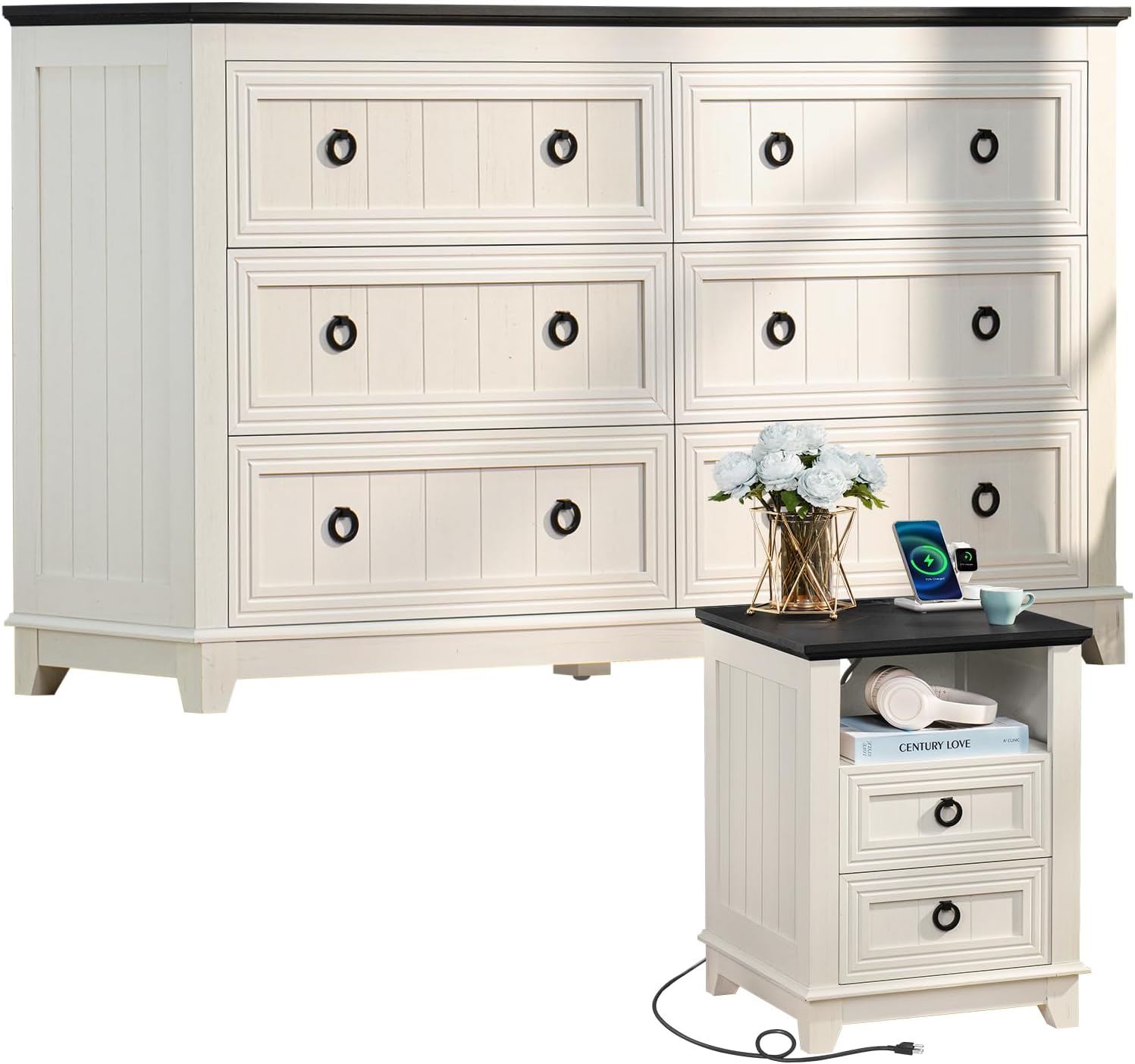 Joaxswe Farmhouse Furniture Set, Nightstands with Charging Station and 6 Drawers Dresser for Bedroom, 54 Inch Wide Wood Dresser and 18' Night Stands for Bedroom, Living Room, Hallway