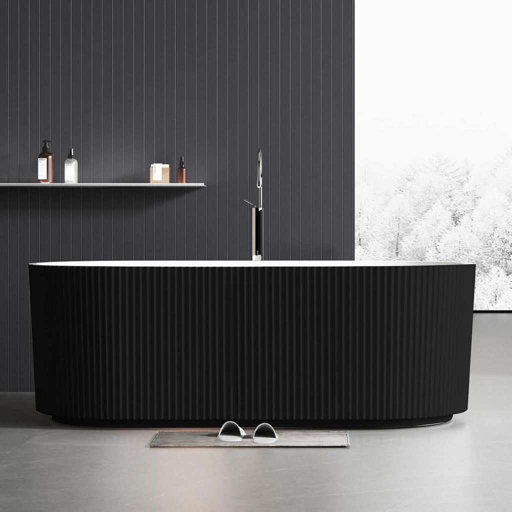 67 inch Freestanding Bathtub for Main Bathroom – Black & White Acrylic Free Standing Tub with Chrome Drain, Extra-Deep Soaking Tub for Luxurious Bathing Experience