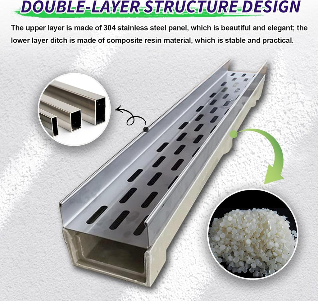 Trench Drain with 304 Stainless Steel Grate,French Drain Kit for Yard,Pebble Filling,Convenient Assembly,for Yard Concrete Garden