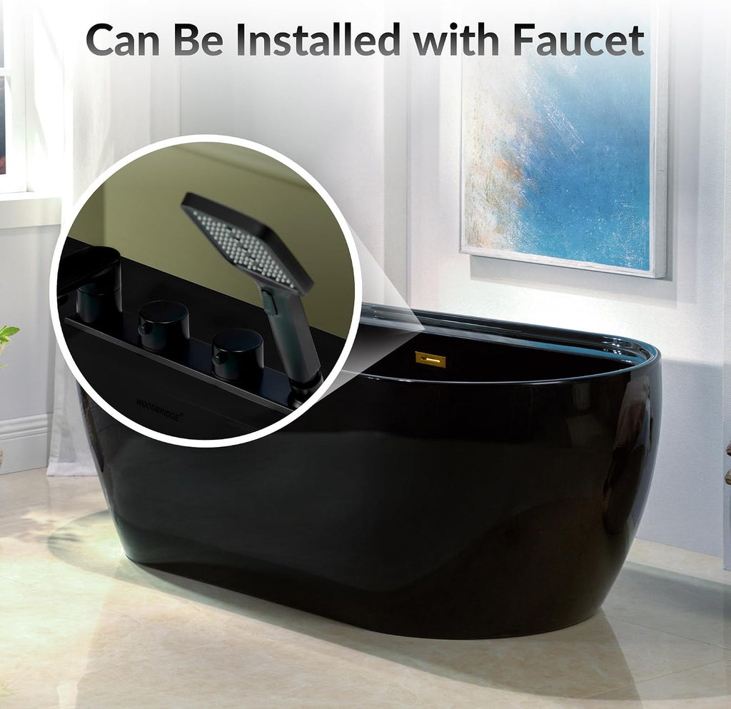 WOODBRIDGE 67' L x 31-1/2' W Freestanding Contemporary Acrylic Soaking Bathtub in Glossy Black Inside and Outside with Brushed Gold Drain & Overflow,B8863-BG