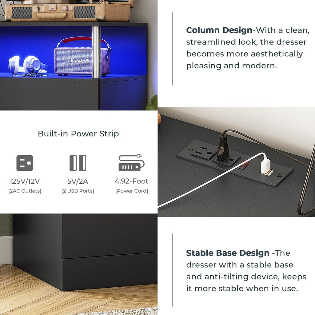 AOGLLATI Black Dresser for Bedroom with Column Design & Charging Station, Led 5 Drawers Tall Dresser for Bedroom,Black
