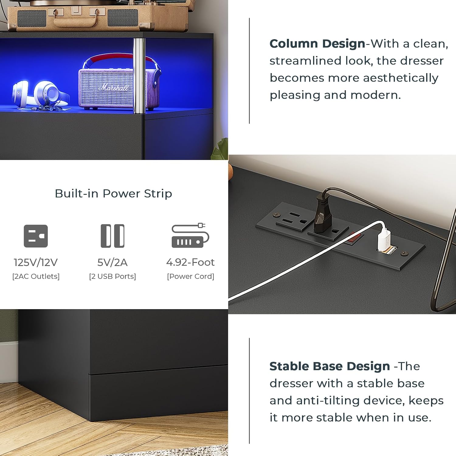 AOGLLATI Black Dresser for Bedroom with Column Design & Charging Station, Led 5 Drawers Tall Dresser for Bedroom,Black