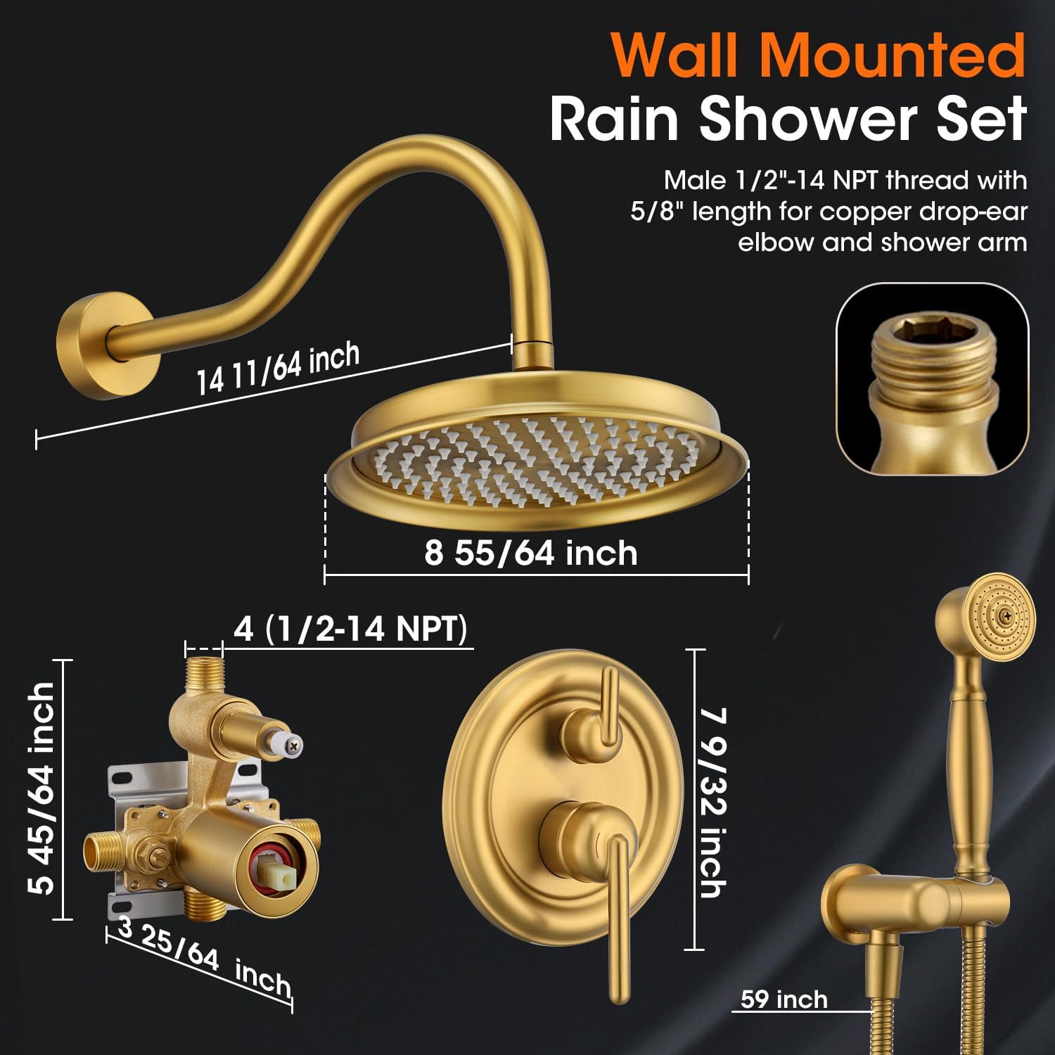 Rainfall Shower System Shower Faucet Set with Rain Shower Head and Handheld Spray, 9 inch Wall Mounted Bathroom Antique Luxury Mixer Combo Set with Pressure Balance Valve, Brushed Gold