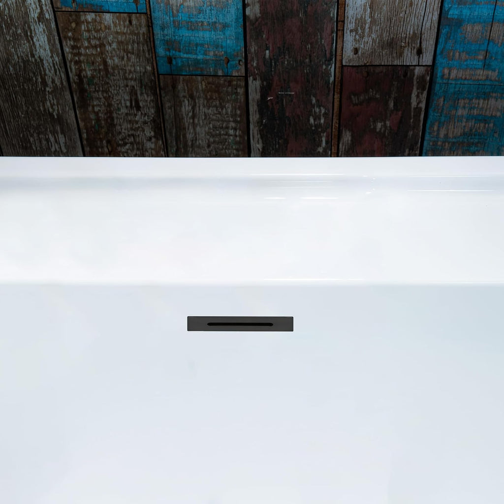 WOODBRIDGE 59' Acrylic Freestanding Bathtub Contemporary Soaking White Tub with Matte Black Overflow and Drain,White,B0064 MB