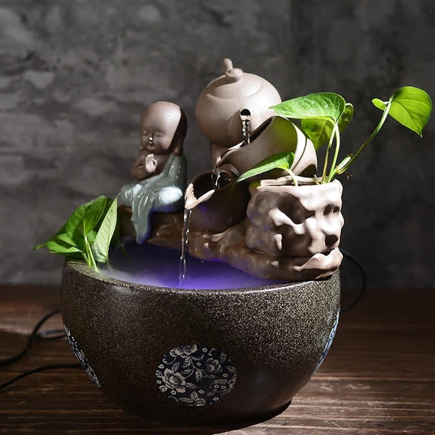 HIHELO Tabletop Fountain Ceramic Water Fountain Decoration Living Room Home Waterscape Lucky Fengshui Wheel Bonsai with Atomizer Desktop Decoration Indoor Fountain