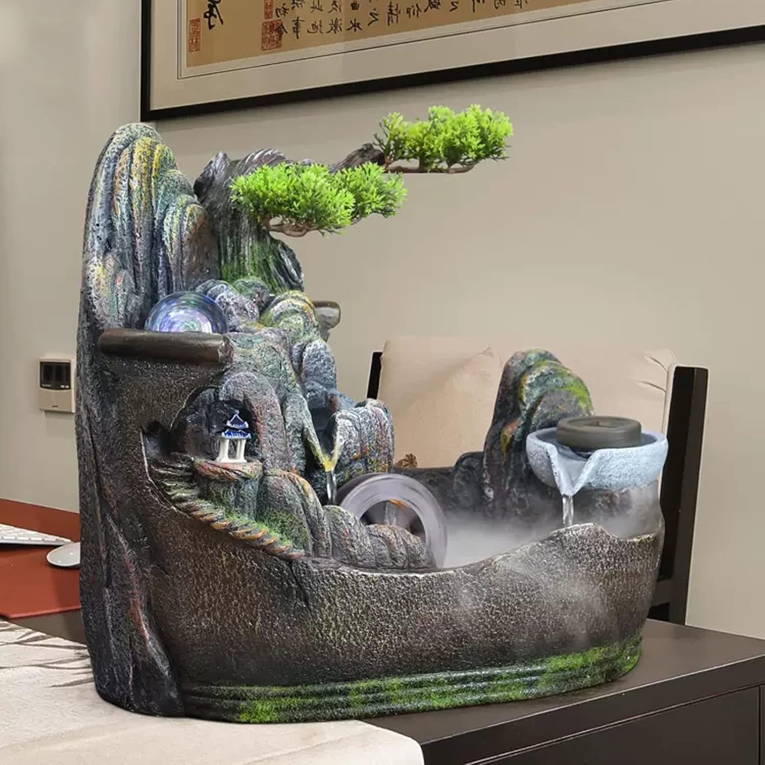 Indoor Fountain Tabletop Water Fountain for Indoor, Rocky Stone Waterfall, Aquatic Landscape, Home Decor, Center Table, Relaxation Gifts with Water Pump and Rotating Ball Fountain