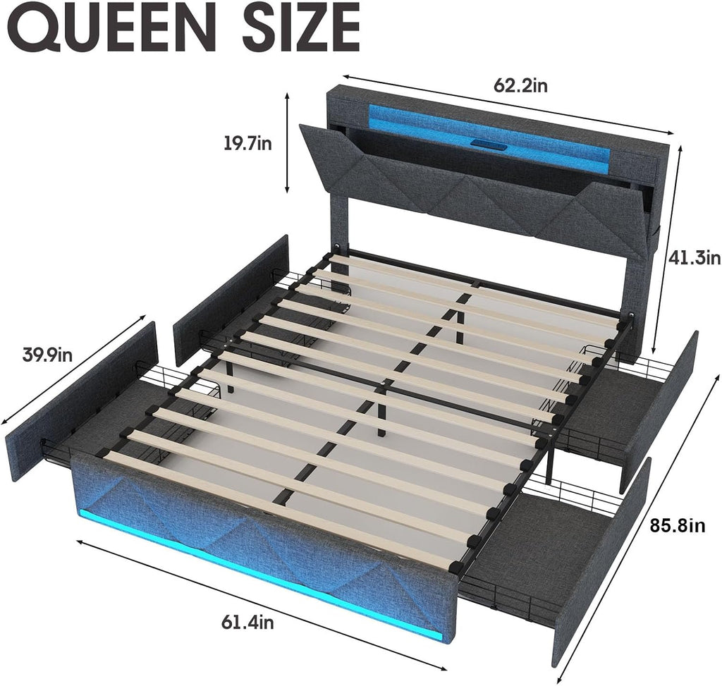 Vabches Queen Bed Frame with Storage Headboard and 4 Drawers,Upholstered Platform with Charging Station and Led Lights,Adjustable Headboard,No Box Spring Needed,Dark Grey
