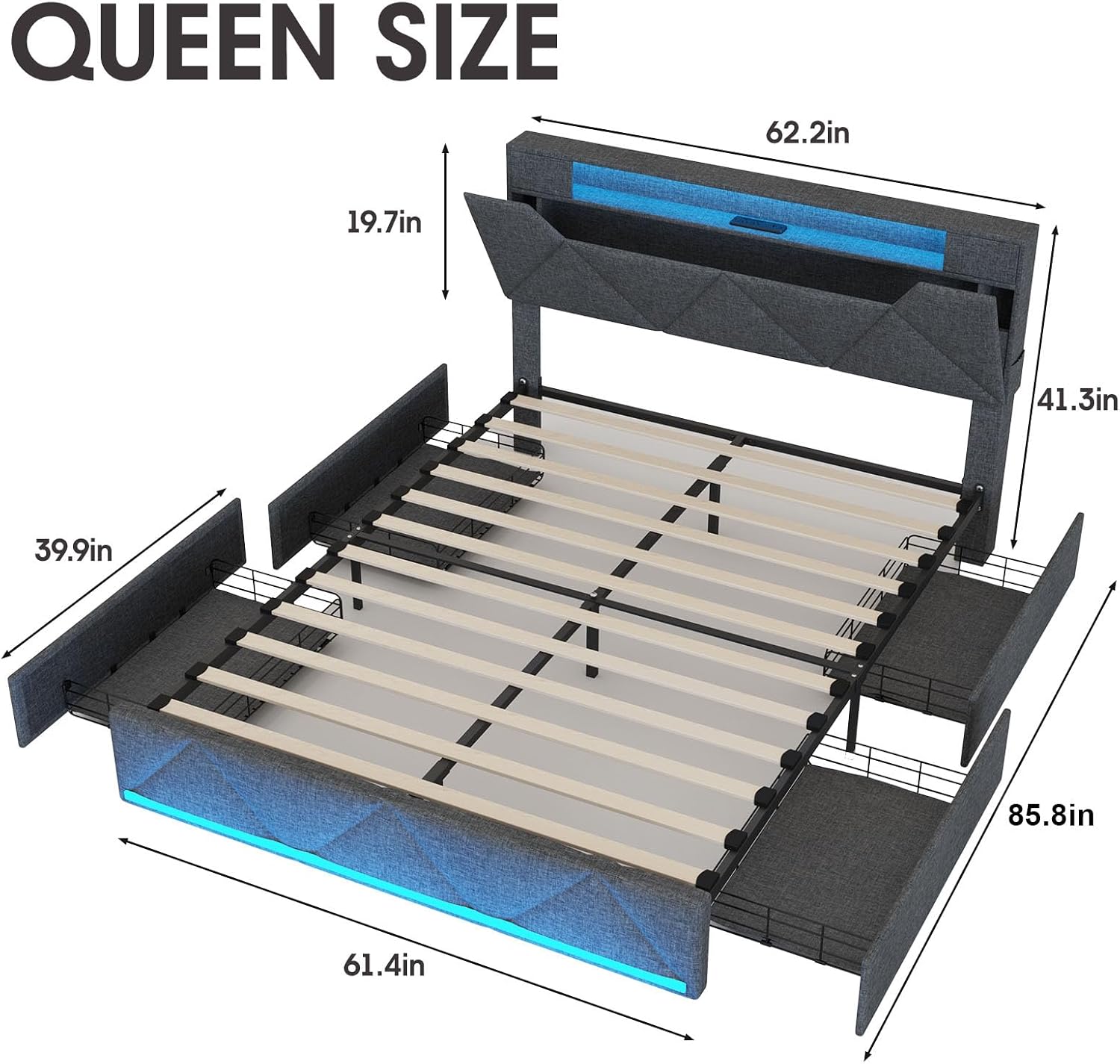 Vabches Queen Bed Frame with Storage Headboard and 4 Drawers,Upholstered Platform with Charging Station and Led Lights,Adjustable Headboard,No Box Spring Needed,Dark Grey