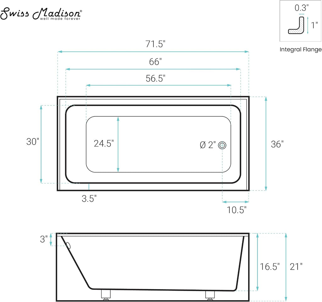 Swiss Madison Voltaire 72 x 36 Right Drain Soaking Alcove Corner Apron Bathtub in Glossy White
