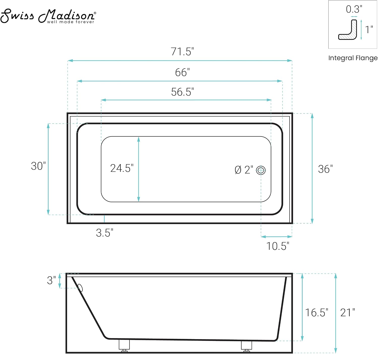 Swiss Madison Voltaire 72 x 36 Right Drain Soaking Alcove Corner Apron Bathtub in Glossy White