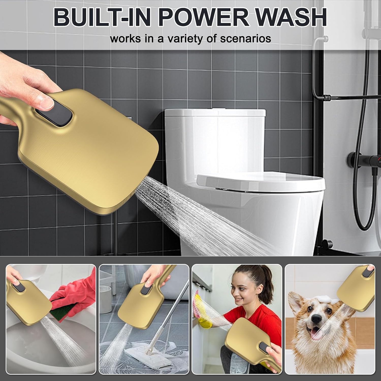 Iriber Bathtub Shower Faucet Set Brushed Gold,Push Button Diverter Shower System for 2 people with 2 in 1 Hand Shower, Dual Shower Head with handheld Wall Mount valve trim kit (cartridge Included)