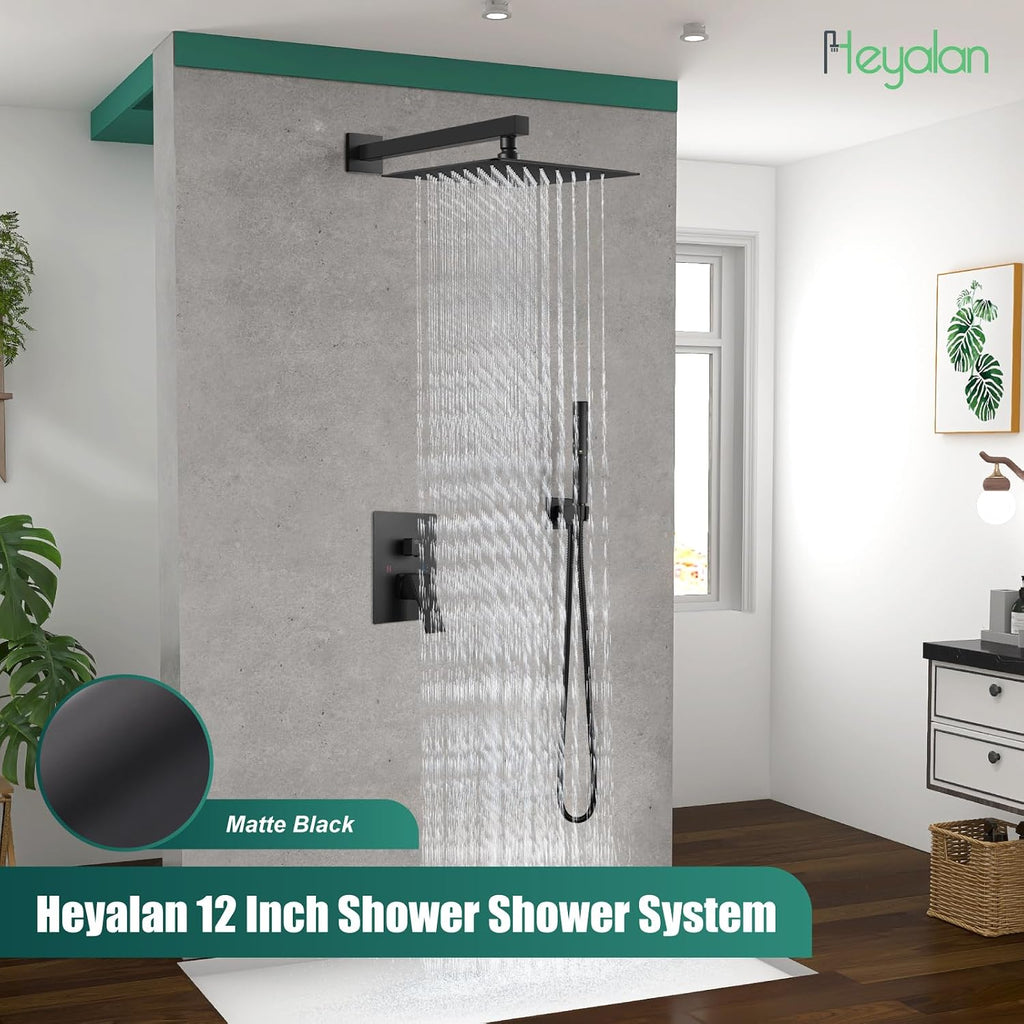Heyalan Shower System Square Rain Shower System Head Shower Faucet Fixture 2 in 1 Handheld Shower Sprayer Rough in Valve Wall Mount Bathroom Rainfall Combo Set High Pressure,12 Inch,Matte Black