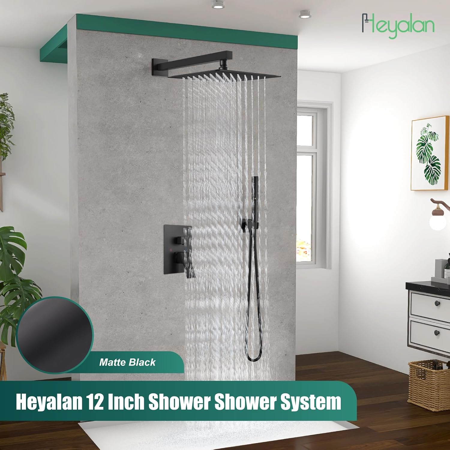 Heyalan Shower System Square Rain Shower System Head Shower Faucet Fixture 2 in 1 Handheld Shower Sprayer Rough in Valve Wall Mount Bathroom Rainfall Combo Set High Pressure,12 Inch,Matte Black