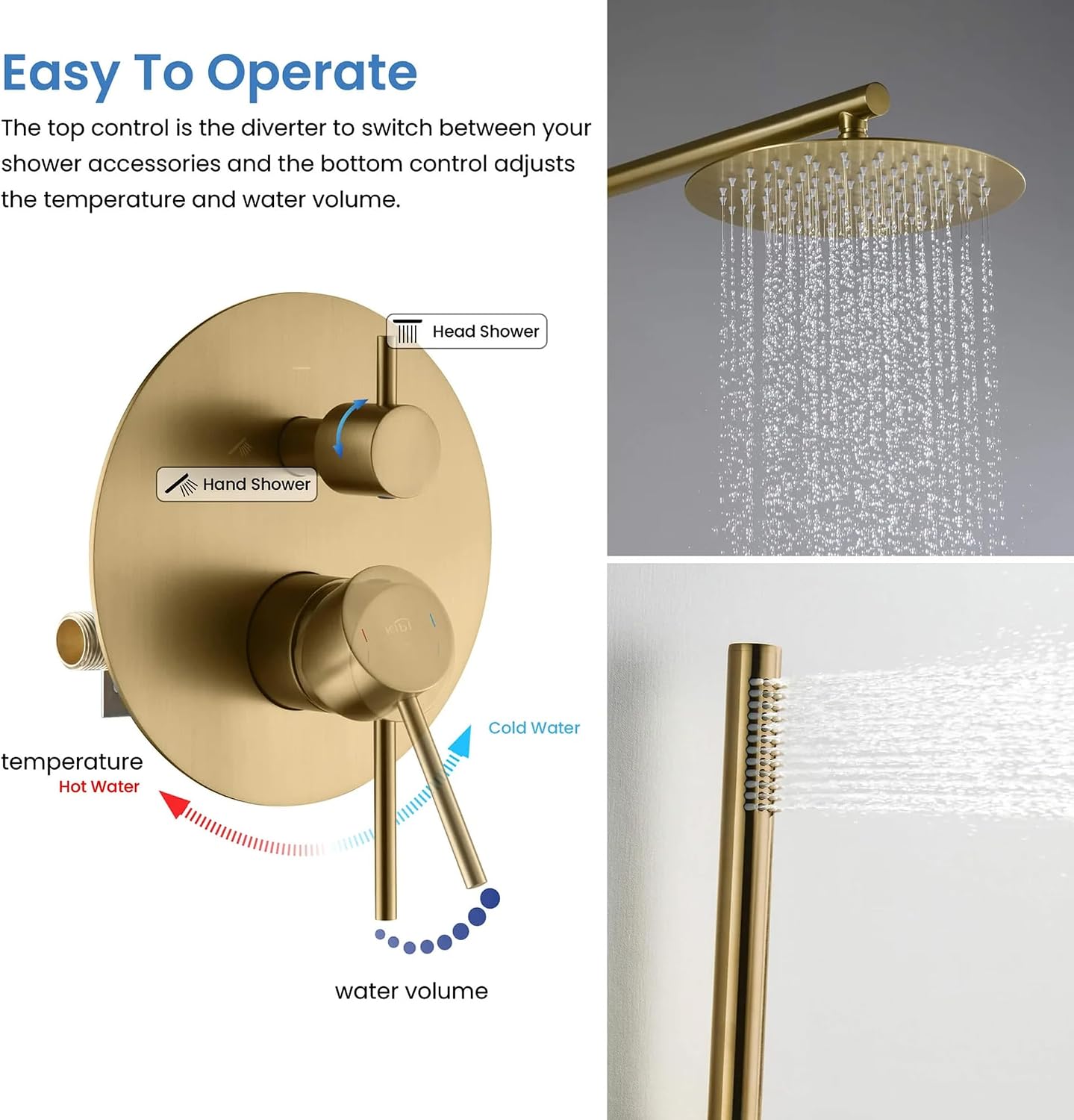 KIBI Circular Bathroom Shower System | 2-Function Wall Mounted Shower Faucet Set | Solid Brass Pressure Balanced Valve Construction | Durable and Leak-Free | Brushed Brass Finish (KSF403)