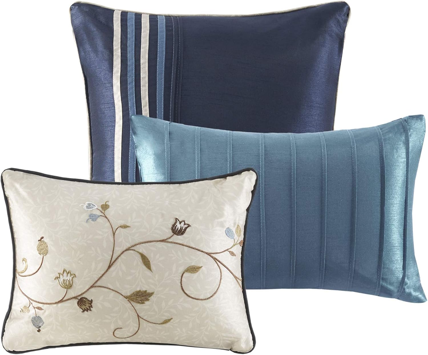 Madison Park Serene Faux Silk Comforter Set - Floral Embroidery Design, All Season Bedding Set, Matching Bed Skirt, Decorative Pillows, Navy Cal King(104'x92') 7 Piece