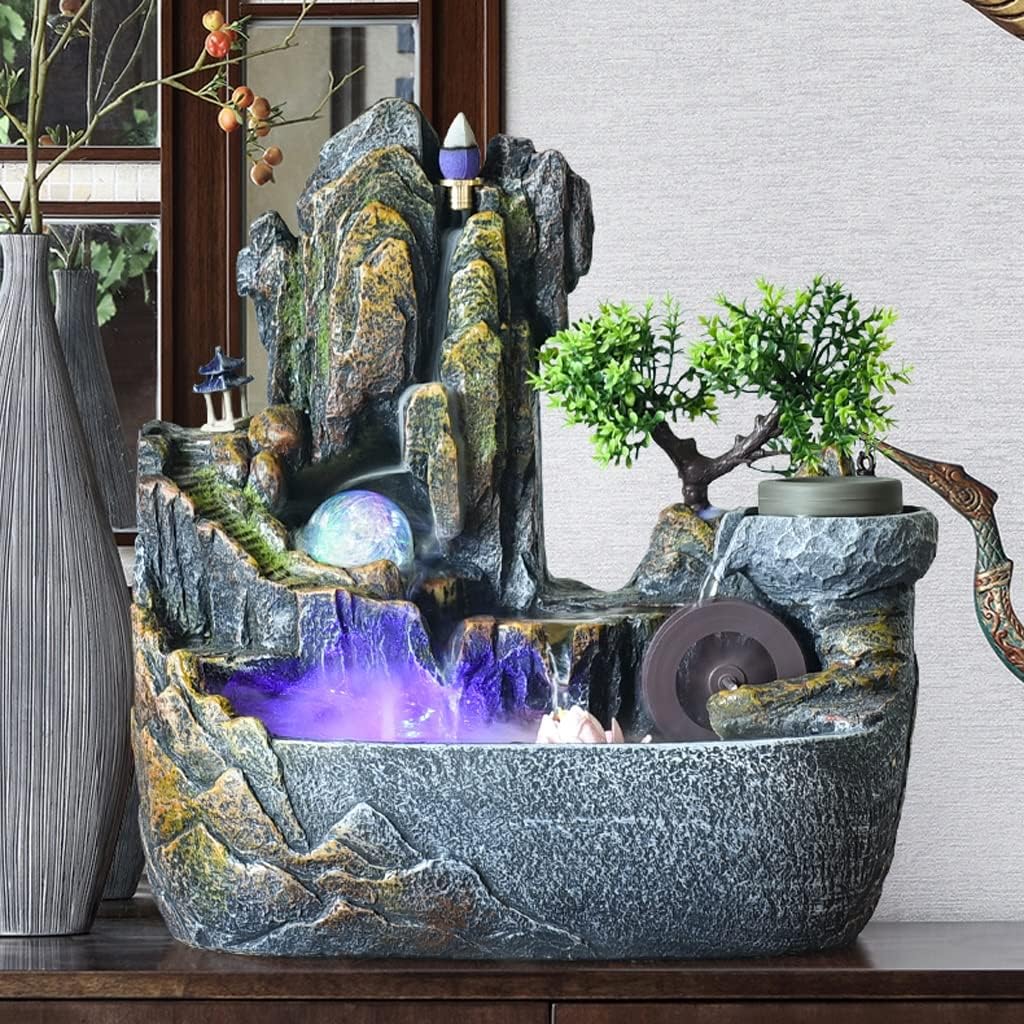 HIHELO Desktop Fountain Tabletop Fountain Resin Alpine Flowing Water Fountain Office Lucky Decoration Living Room Decorative Waterscape Ornament Water Fountain Outdoor (Color : with Nebulizer)