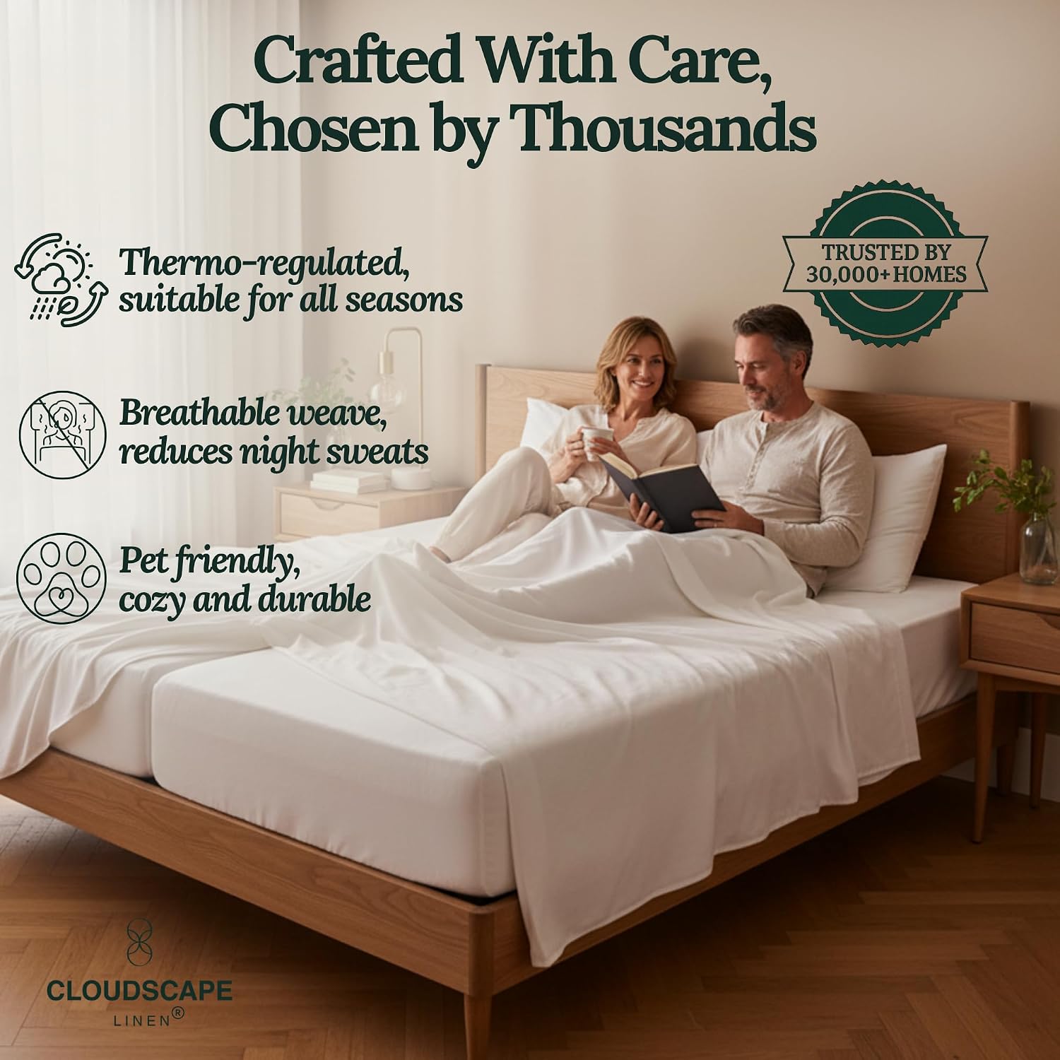 CLOUDSCAPE LINEN Split King Sheets Set Egyptian Cotton Bedding 5-Piece - Cooling Sateen Weave Cotton Sheet Set for Bed - Durable Long Staple Dual-Ply - Fits 17' Deep Mattress - White