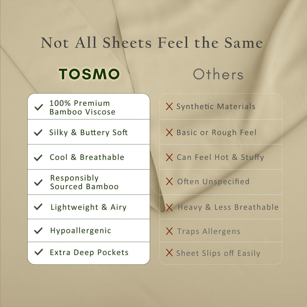 TOSMO Luxury Cooling Sheet Set | 100% Viscose from Organically Grown Bamboo | FSC® Certified | Queen Size | 18' Deep Pockets | Silky Soft Natural Bedding for Hot Sleeper [Dune]