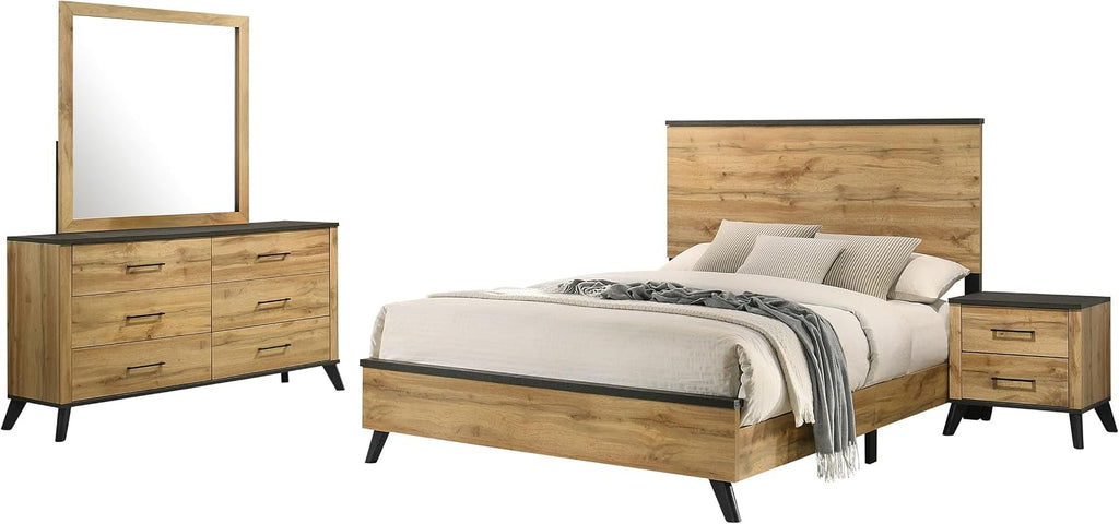 Coaster Home Furnishings Kaywood Mid-Century Modern 4-Piece Bedroom Set Queen Size Panel Bed Frame 52-inch Headboard Weathered Brown and Natural Pine 225001Q-S4