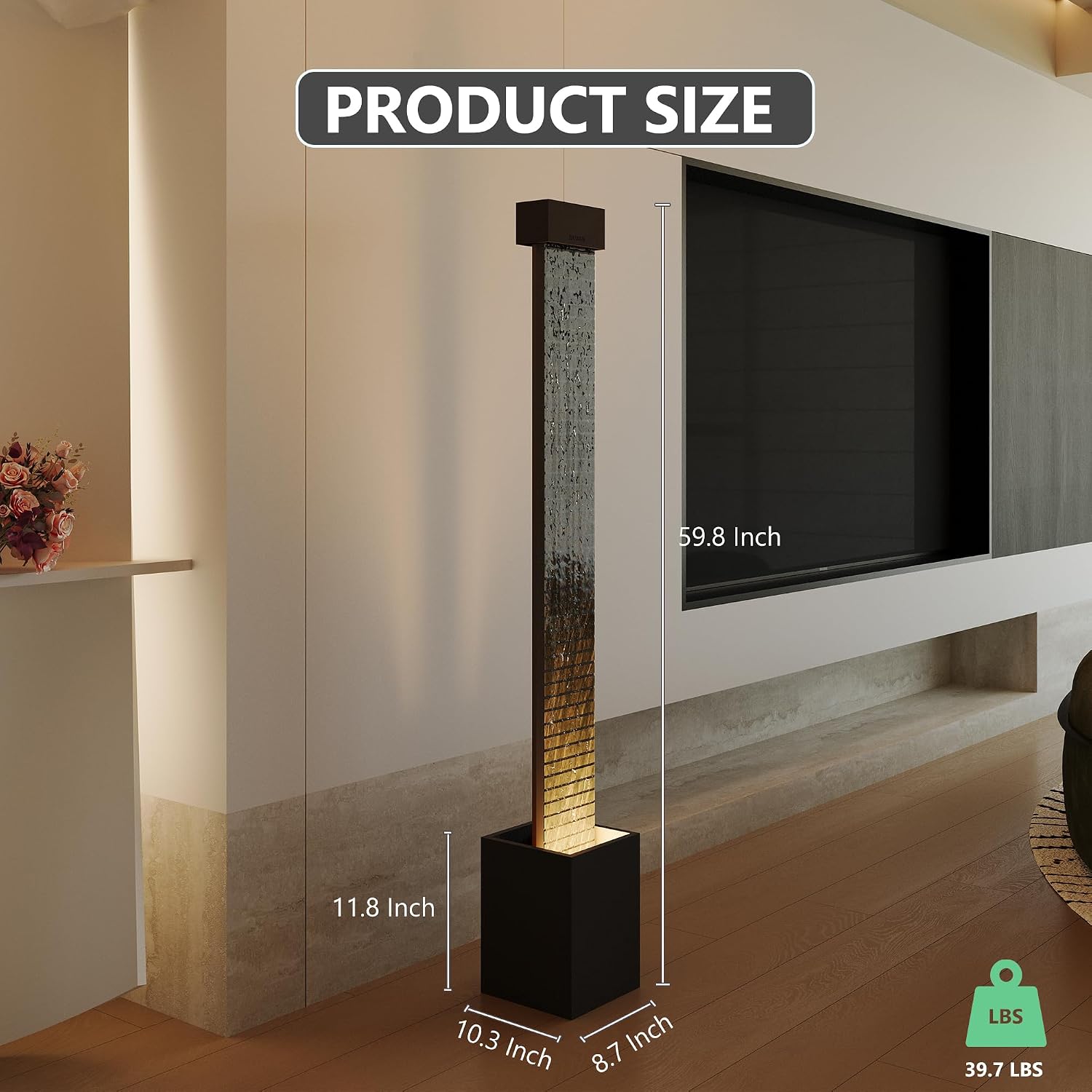 EIYAM 59.8' Indoor Waterfall Fountain, Natural Slate Stone Floor Standing Water Feature with LED Light, Modern Large Fountain for Home, Office, Entryway Decor