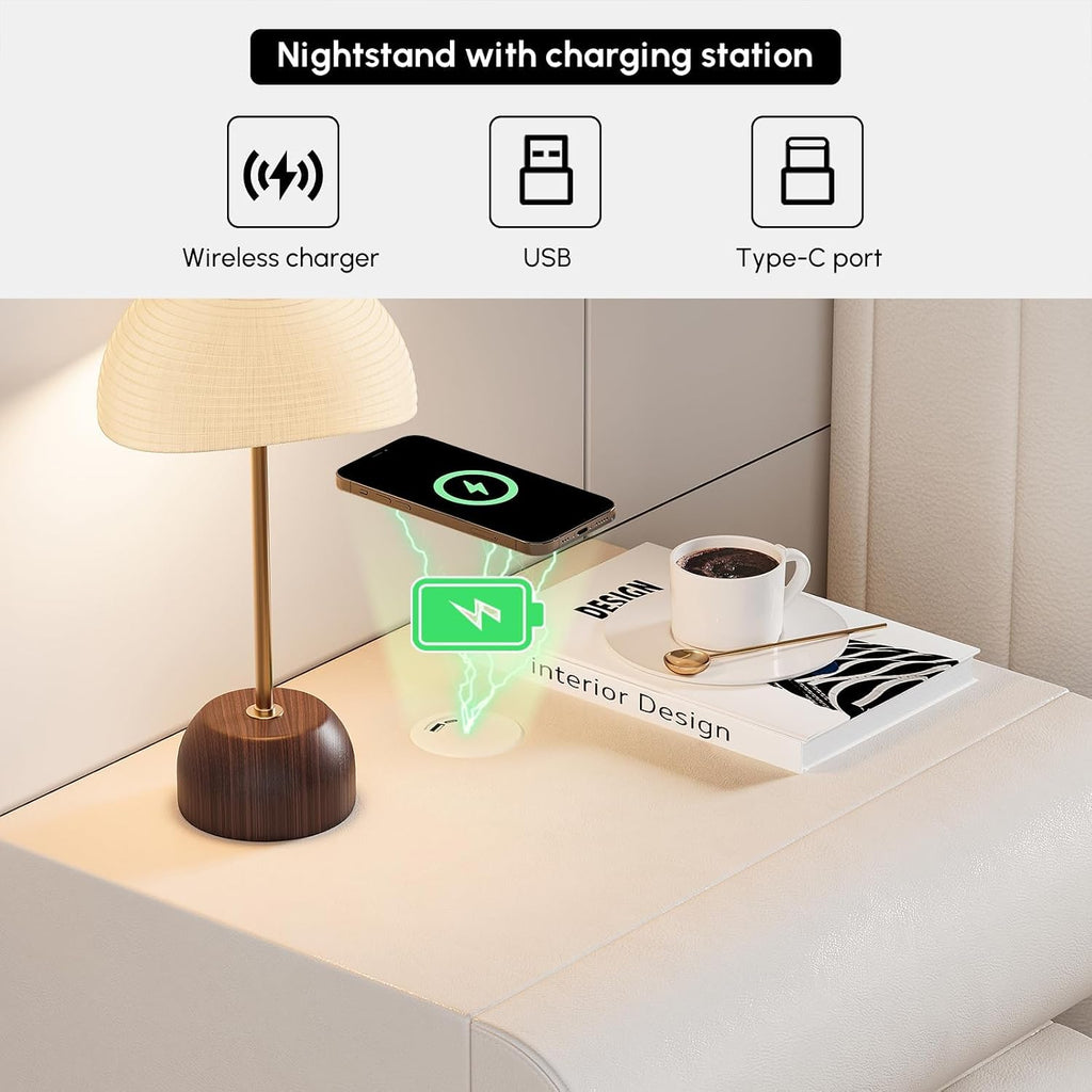 homary 3-Pieces Bedroom Sets King Size Upholstered Bed Frame with 2 Smart Nightstands – Bouclé Platform Bed with Upholstered Headboard, Leather Nightstands with Wireless Charging, USB