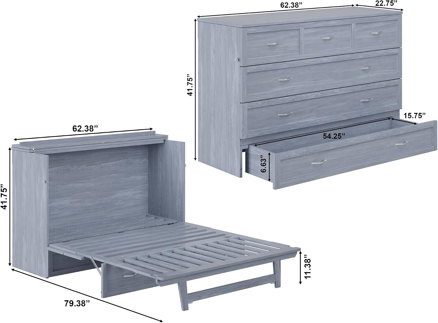 AFI, Northfield Murphy Bed Chest Queen with 6' Mattress, Storage Drawer & Built-in USB Charger, Driftwood