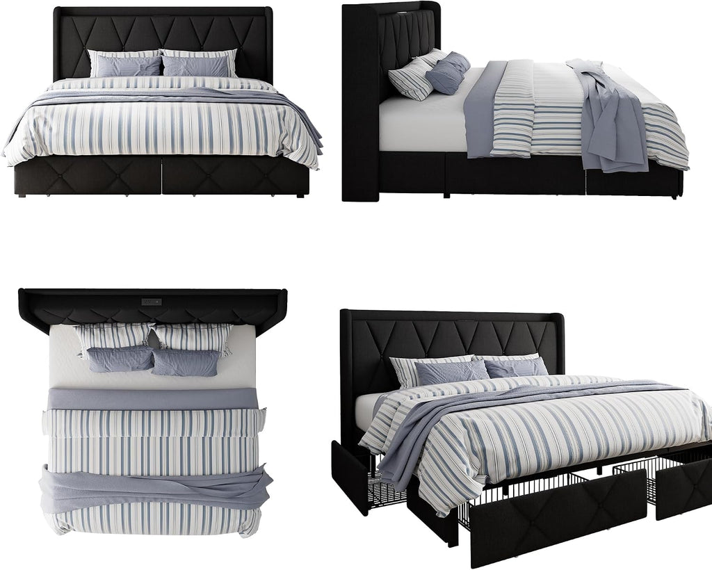 GalnFu King Bed Frame with 4 Storage Drawers, Upholstered Platform Bed with Charging Station, Modern Wingback Storage Headboard, Easy Assembly,Noise-Free, Black