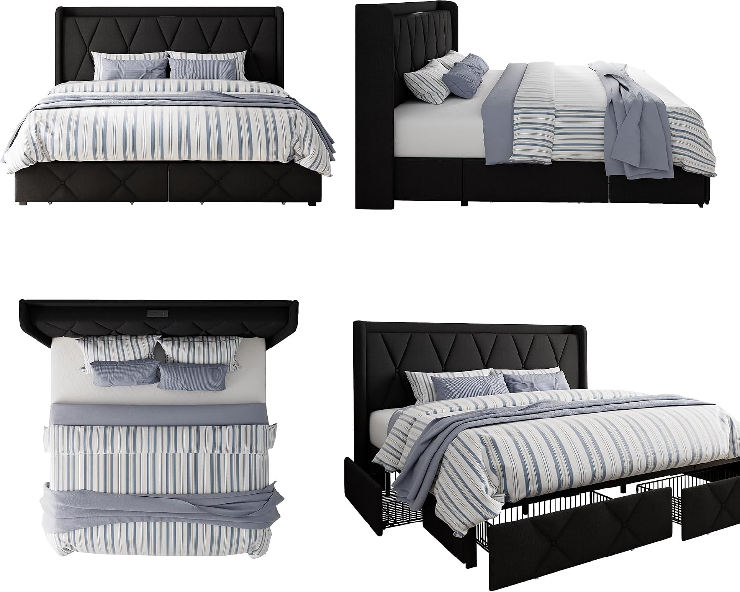 GalnFu King Bed Frame with 4 Storage Drawers, Upholstered Platform Bed with Charging Station, Modern Wingback Storage Headboard, Easy Assembly,Noise-Free, Black