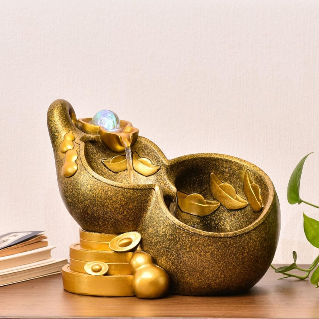 Tabletop Fountains Indoor Water Fountain Resin Table Fountain Gold Gourd Mini Waterfall Fountain Table Fountain with Rolling Ball Indoor Tabletop Water Fountain