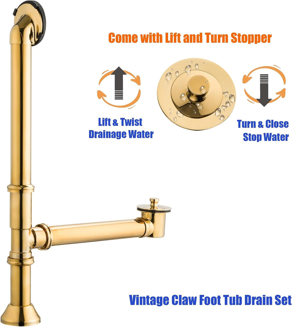 Artiwell Vintage Claw Foot Tub Drain Kit with Lift and Turn Bath Drain Stopper, 1-1/2' Brass Tubular Leg Tub Bathtub Waste and Overflow Drain Assembly with Drain Plug and Bathtub Overflow Cover