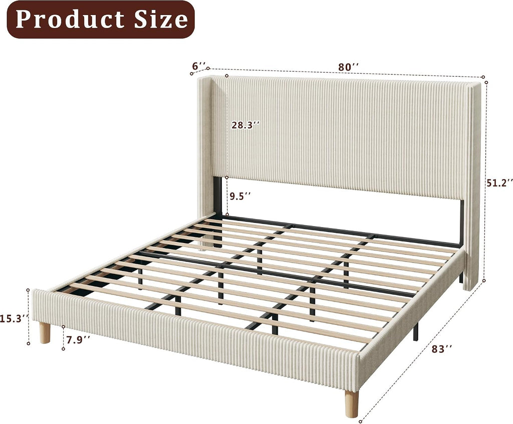 HUAHUU King Size Bed Frame with 51.2' Tall Headboard, Corduroy Upholstered Bed Frame with Wingback, Platform Bed with Wooden Slats Support, Easy Assembly, No Box Spring Needed, Beige